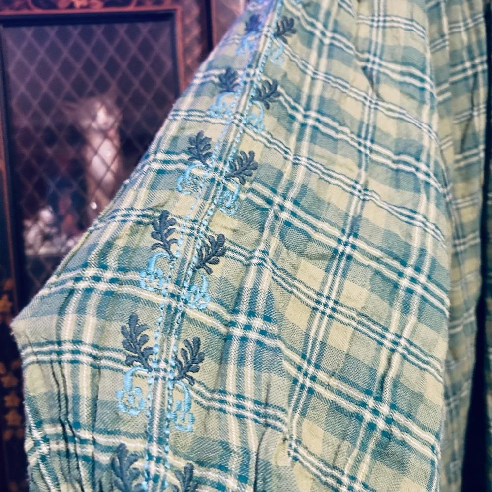 Perdian Chic Artisan Collection Green Cotton Plaid Embroirdered Top Size 26/28 - Picture 5 of 11
